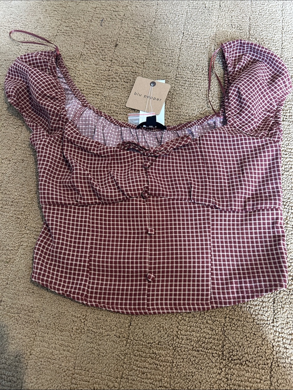 Blu Pepper Burgundy Plaid Square-Neck Crop Top with Button Front